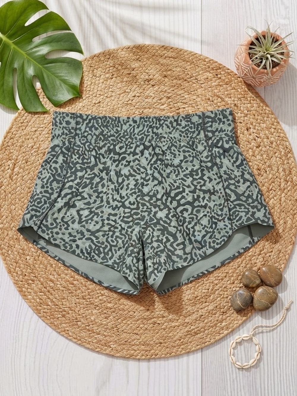 ATHLETA Sage Green Leopard Print Running Shorts | Dolphin Hem Lined